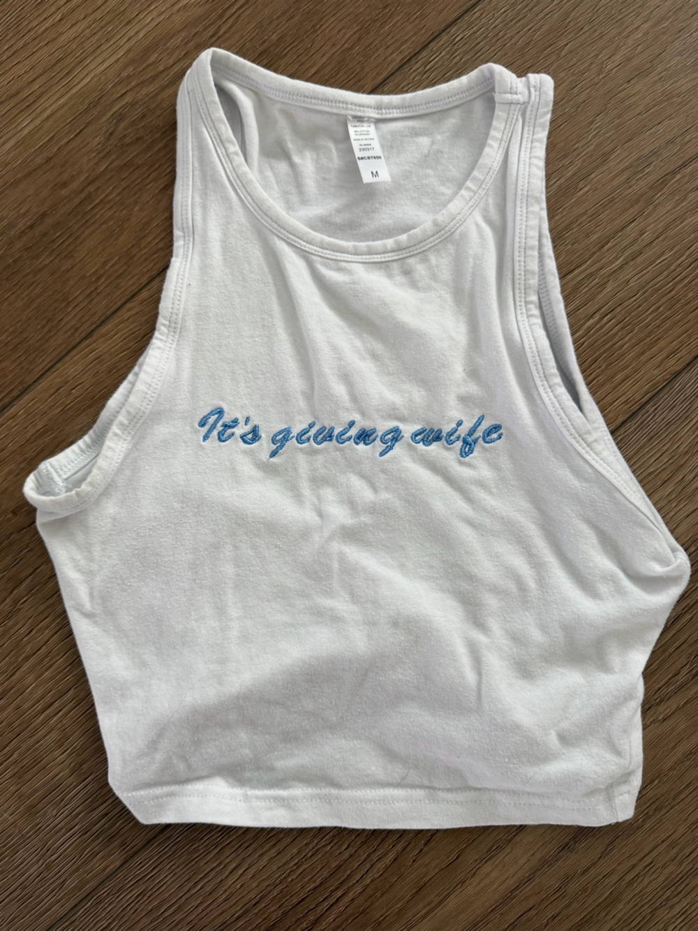It’s giving wife bride tank top white and blue in size medium